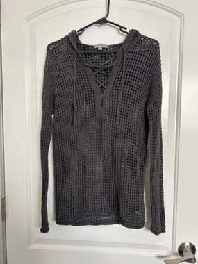 James Perse Grey Crochet Open Knit Linen Blend Hoodie Sweater Size 3 boho chic